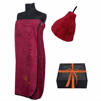 Presentset i presentask för HENNE. Bastuhatt och förkläde för dam - BURGUNDY