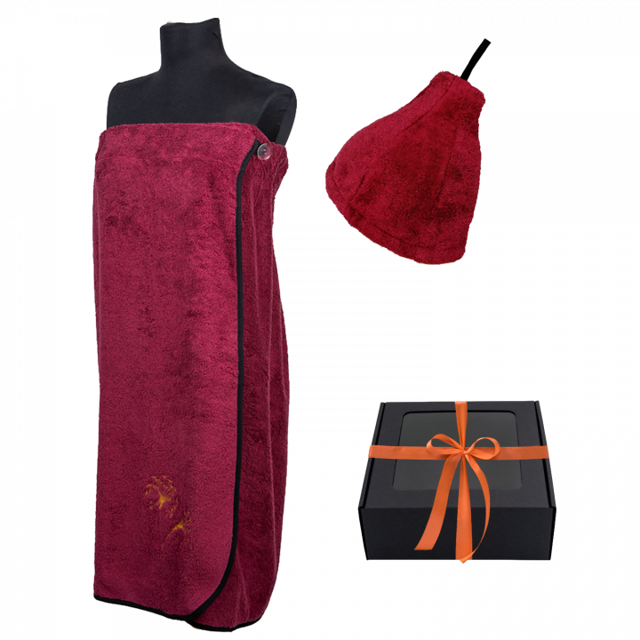 Presentset i presentask för HENNE. Bastuhatt och förkläde för dam - BURGUNDY