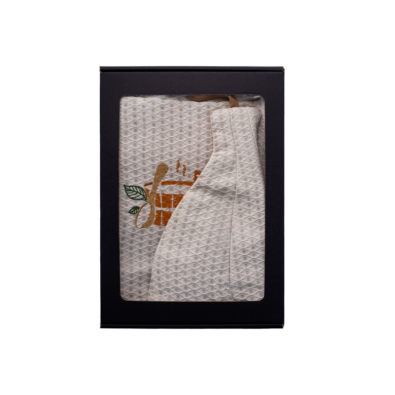 Presentset i presentask till HONOM. Bastuhatt och förkläde för män - LINNE, broderat