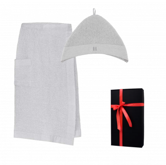 Presentset i presentask RENTO KENNO FÖR HONOM. Mössa och förkläde i bomull, ljusgrå