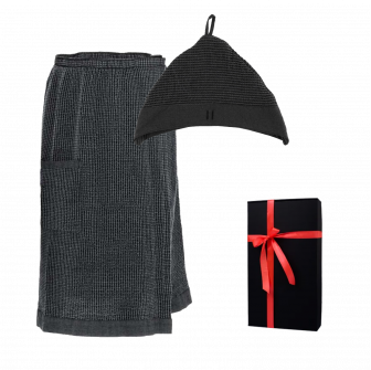 Presentset i presentask RENTO KENNO FÖR HONOM. Mörkgrå bomullsmössa och förkläde.