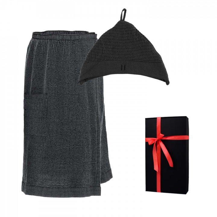 Presentset i presentask RENTO KENNO FÖR HONOM. Mörkgrå bomullsmössa och förkläde.