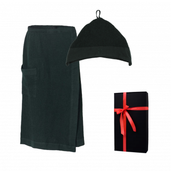 Presentset i presentask RENTO KENNO FÖR HONOM. Mörkgrön bomullsmössa och förkläde.