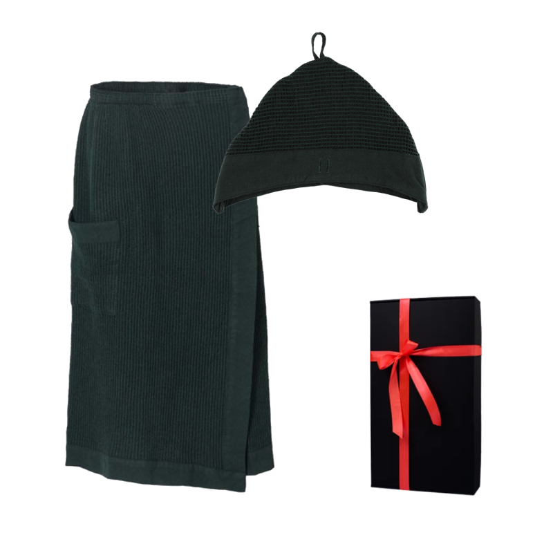 Presentset i presentask RENTO KENNO FÖR HONOM. Mörkgrön bomullsmössa och förkläde.
