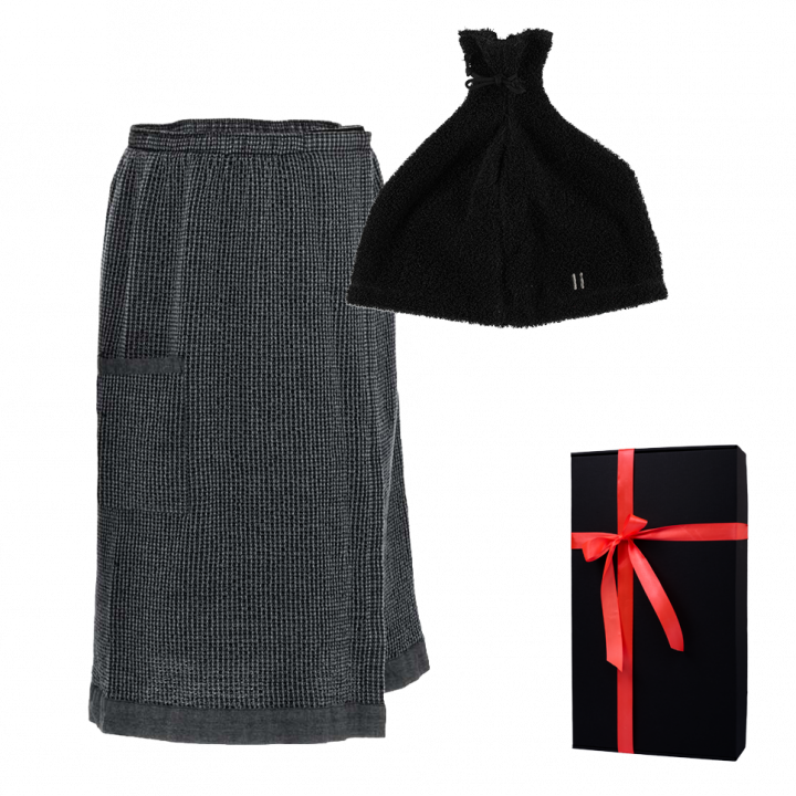 Presentset i presentask RENTO KENNO FÖR HONOM. Bastuhatt och förkläde, mörkgrå/svart