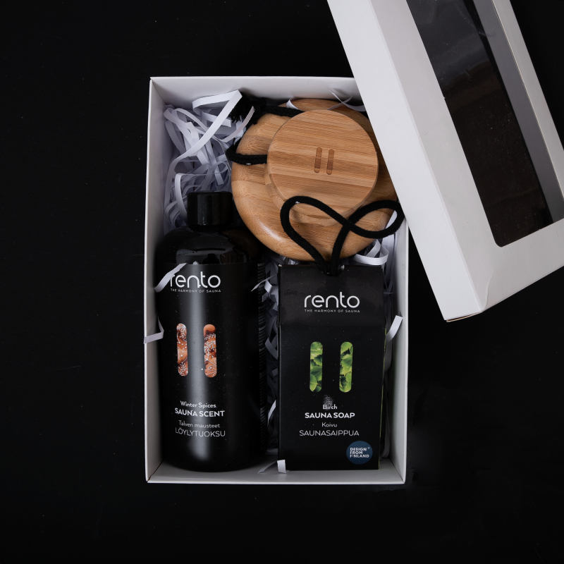 Presentset i presentask VINTERKRYDDOR. Doftessens, kroppsborste och tvål.