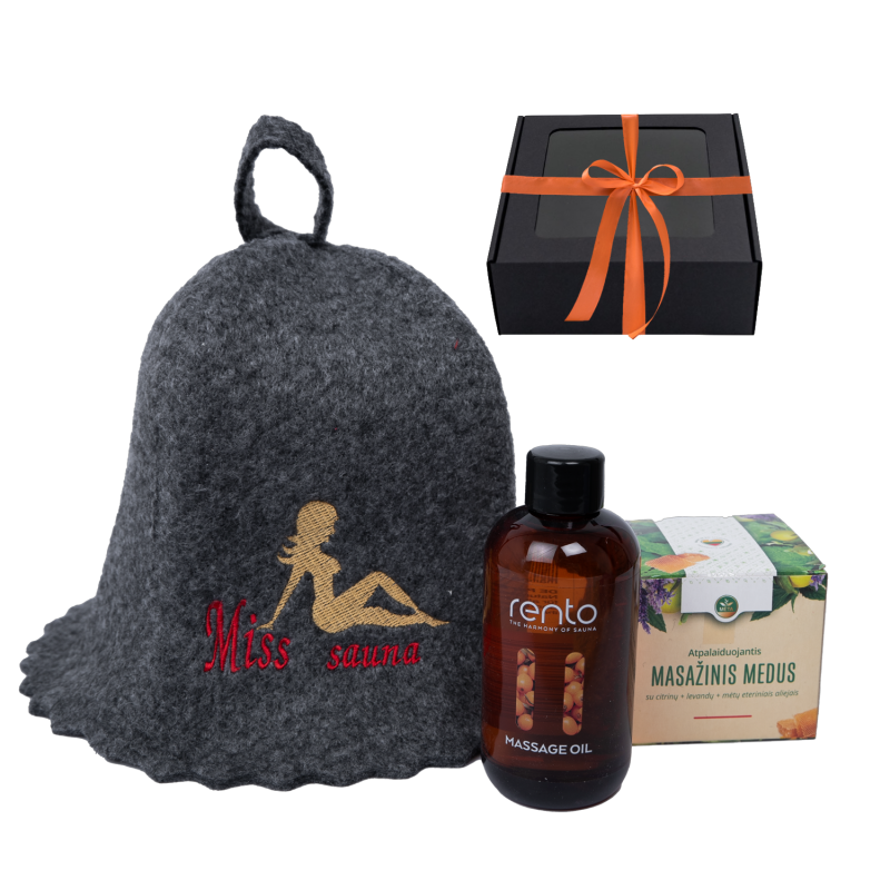 Presentset MISS BAUNA i presentförpackning. Bastuhatt, massageolja och honung