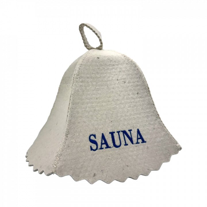 Bastuhatt - SAUNA, med blå text