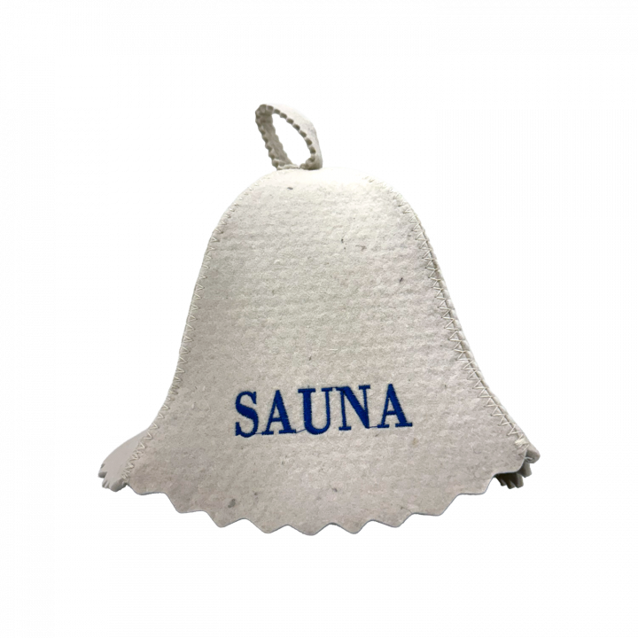 Bastuhatt - SAUNA, med blå text