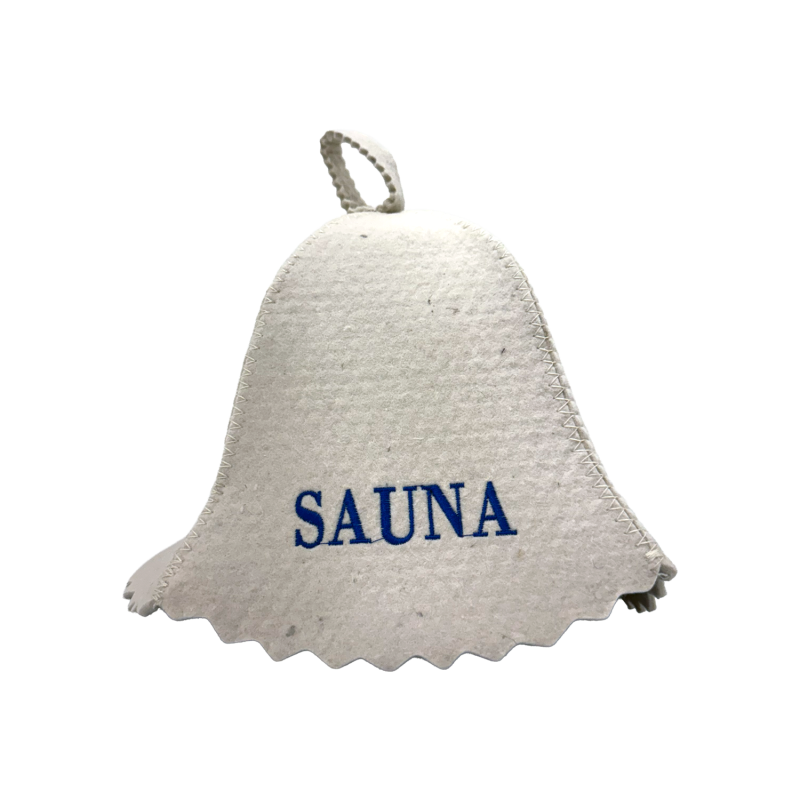 Bastuhatt - SAUNA, med blå text