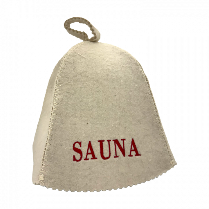 Bastuhatt - SAUNA, med röd text