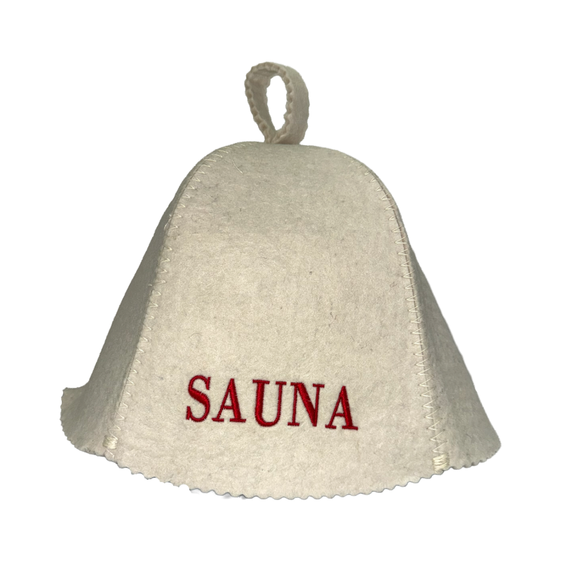 Bastuhatt - SAUNA, med röd text