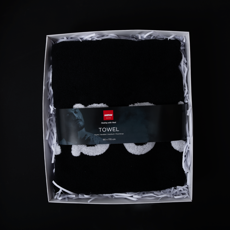 Handduk HARVIA #healingwithheat i presentförpackning, 90 x 170 cm, svart