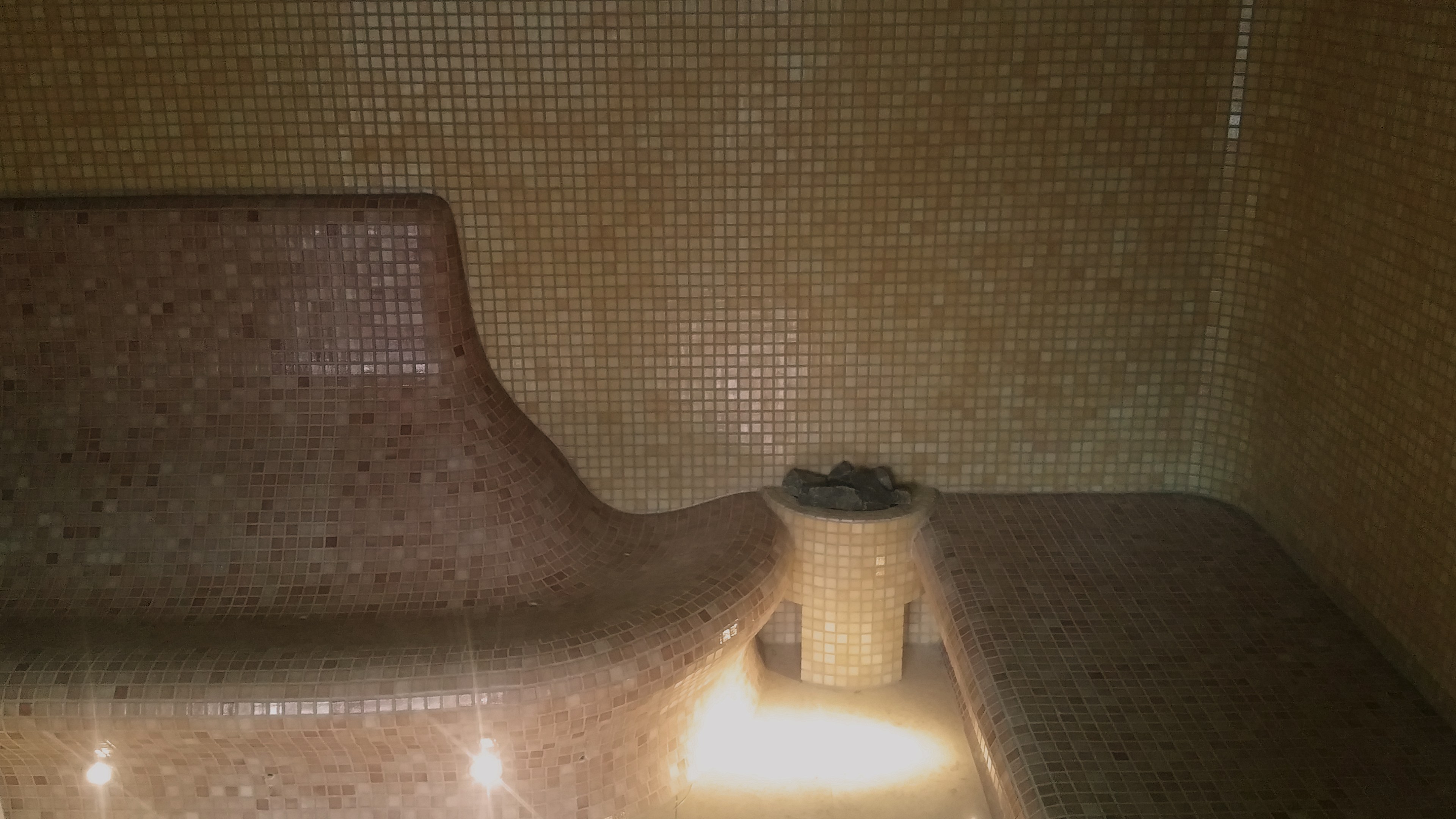 Ångbastu med sittplatser och loungebänkar